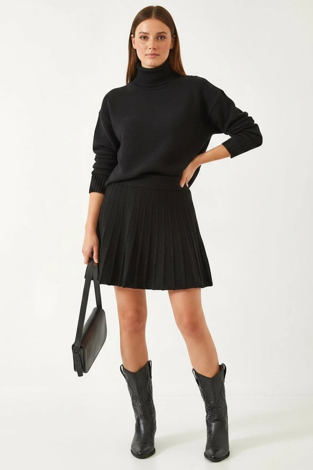 Women's Skirted Knitwear Black Top and Bottom Set