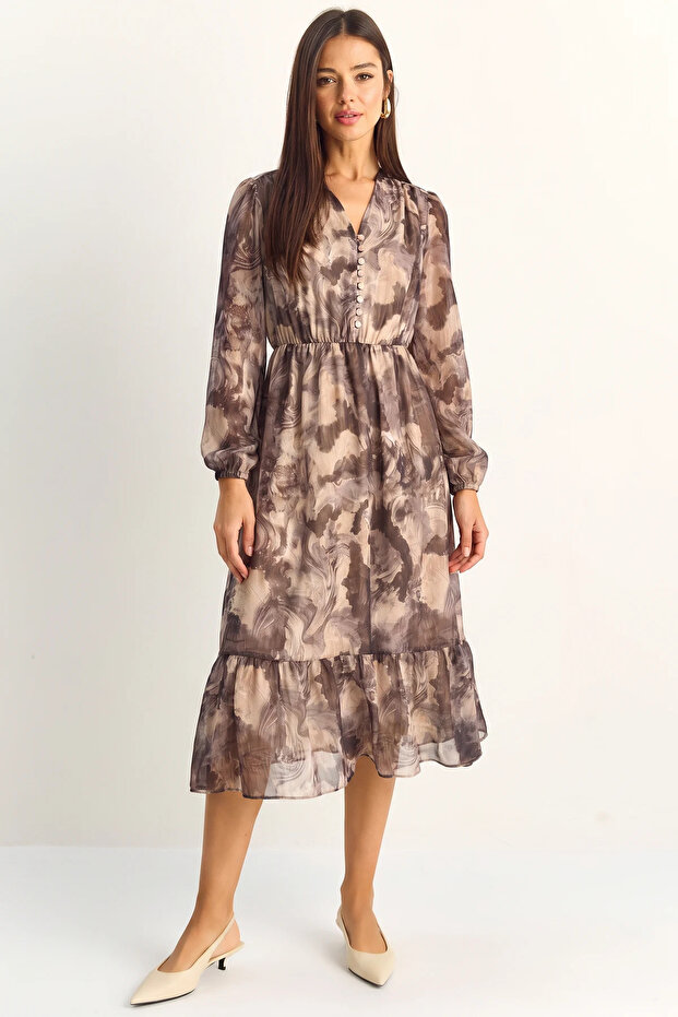 Women's Elastic Waist V-Neck Button Detailed Lined Patterned Chiffon Beige Dress