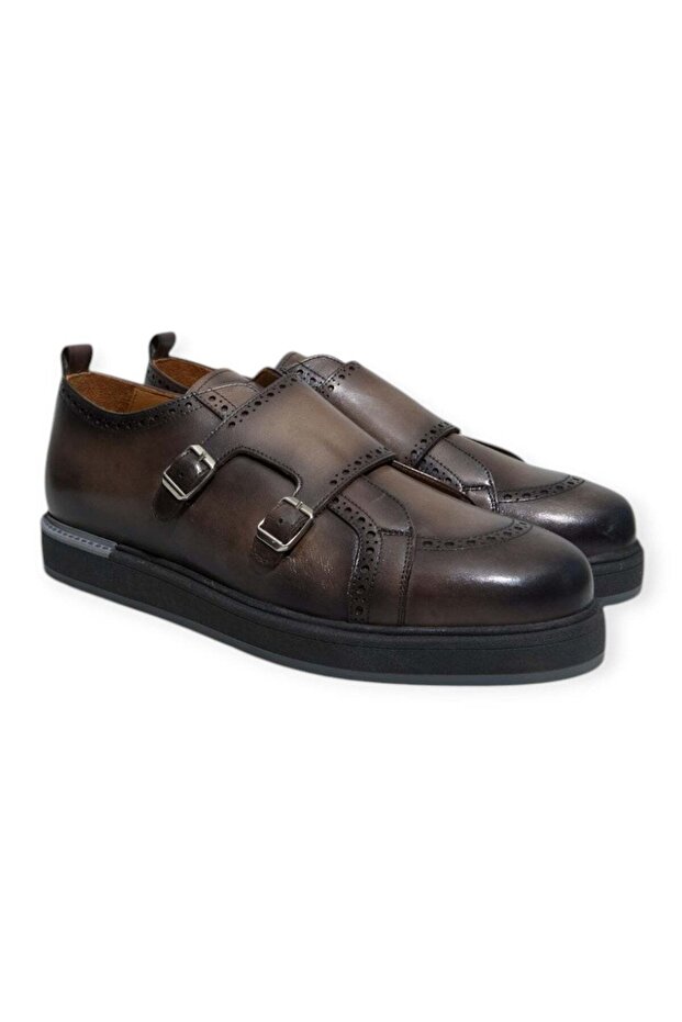 Gray Color Laceless Genuine Leather Men's Shoes