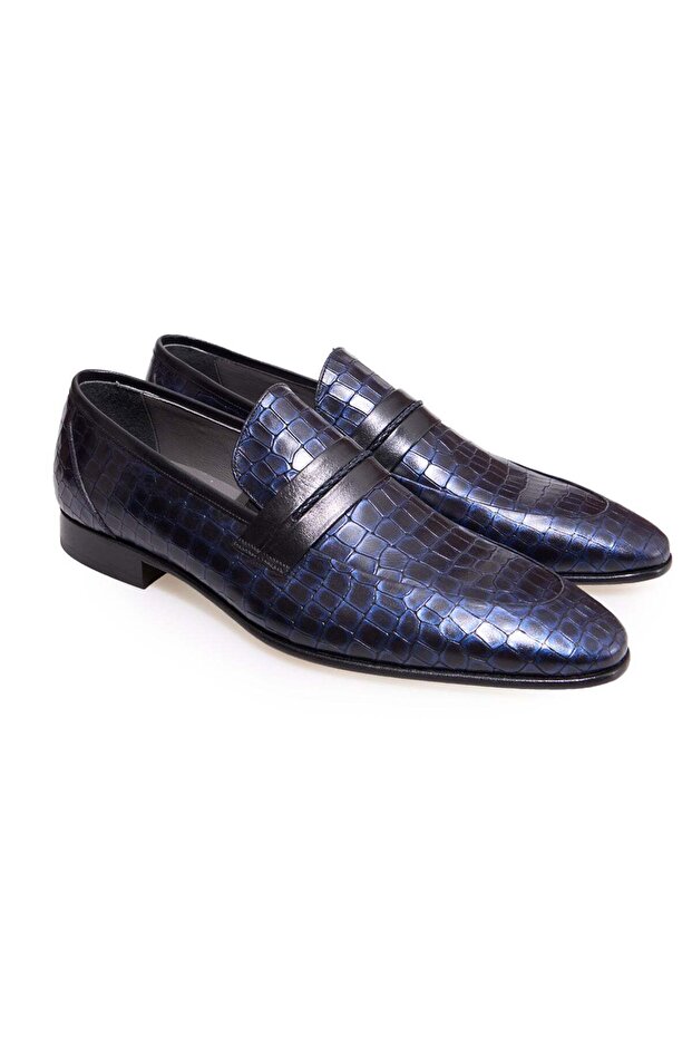 Dark Blue Color Laceless Genuine Leather Leather Sole Men's Shoes