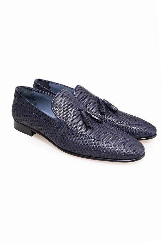 Dark Blue Color Laceless Genuine Leather Men's Shoes