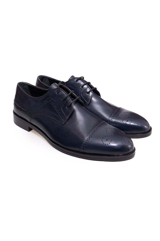 Dark Blue Color Lace-Up Genuine Leather Men's Shoes