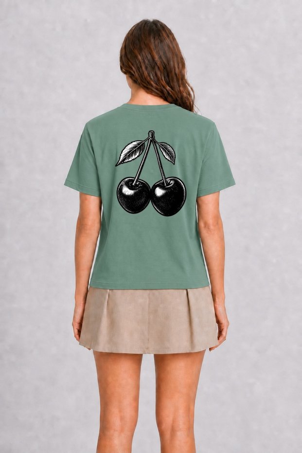 Unisex Tattoo Style Cherry Print T-Shirt - Green