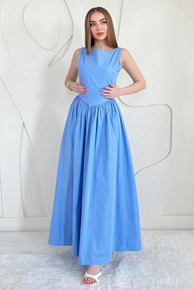 Blue Waist Gathered Long Dress