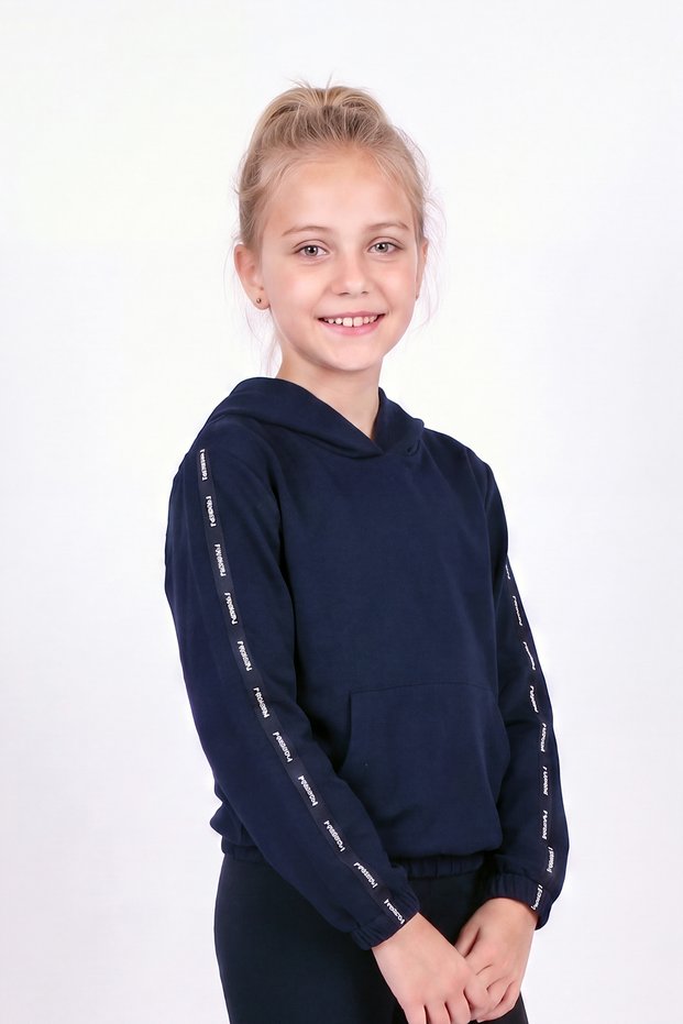 Girl's Hooded Sweatshirt with Kangaroo Pocket and Stripe Detail
