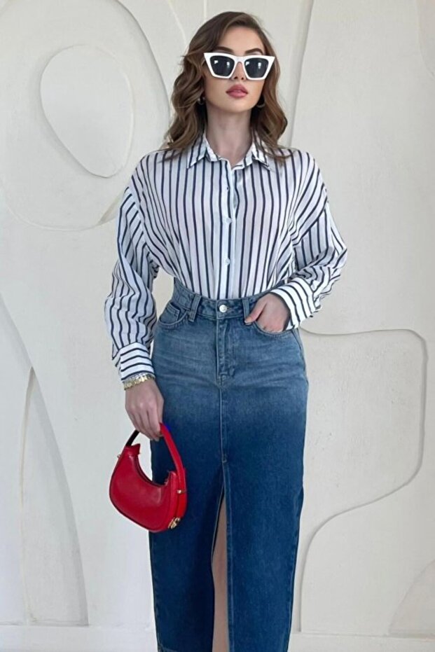 Navy Blue Casual Cut Shirt with Line Detail