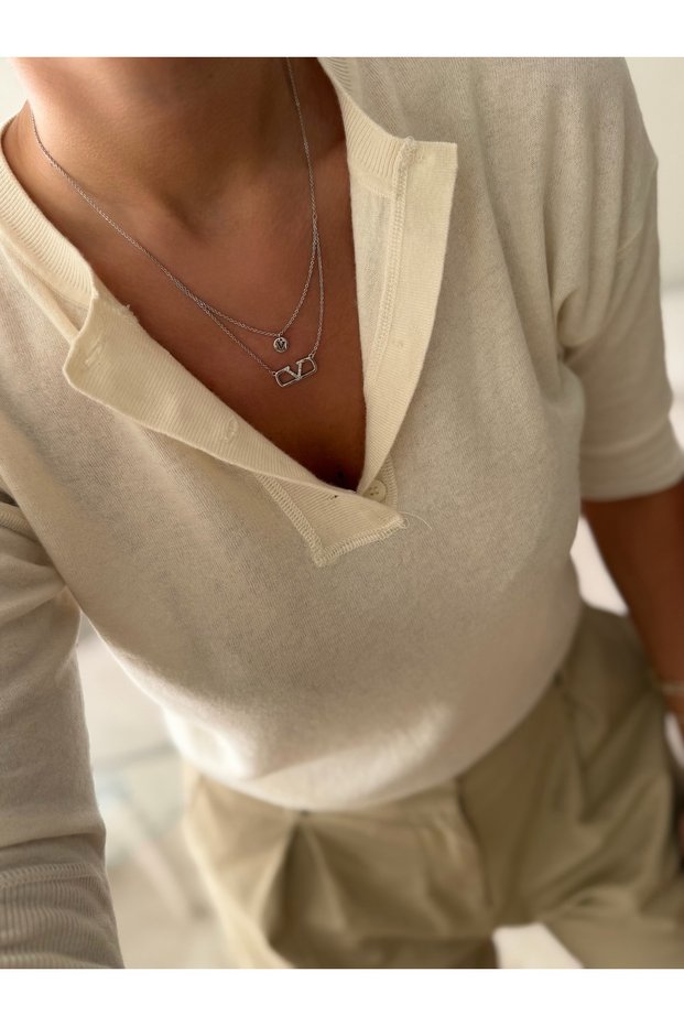 Women's Steel Silver Double Necklace Set with V Letter and Lock Detail