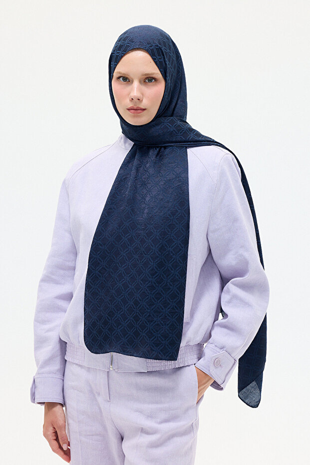 Italian Jacquard Shawl Checkerboard Pattern - Navy Blue