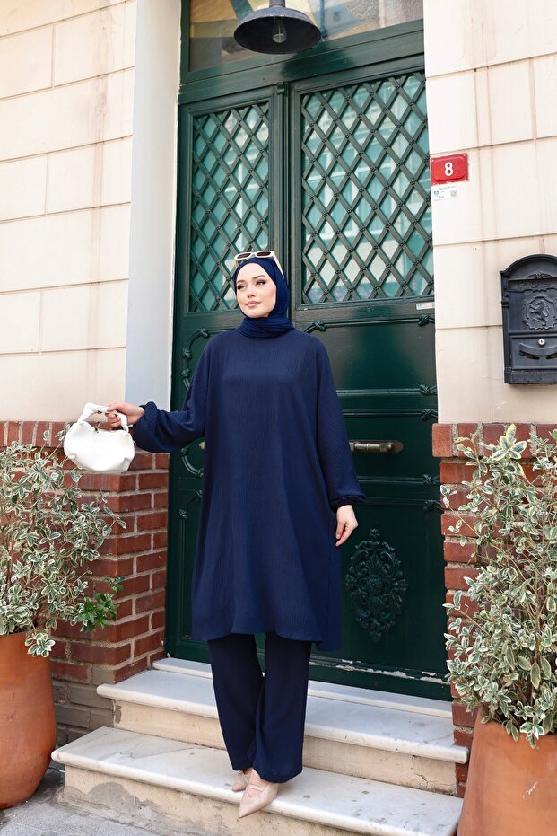 Giy-Çık Comfortable Oversize Bat Sleeve Elif Suit - Navy Blue