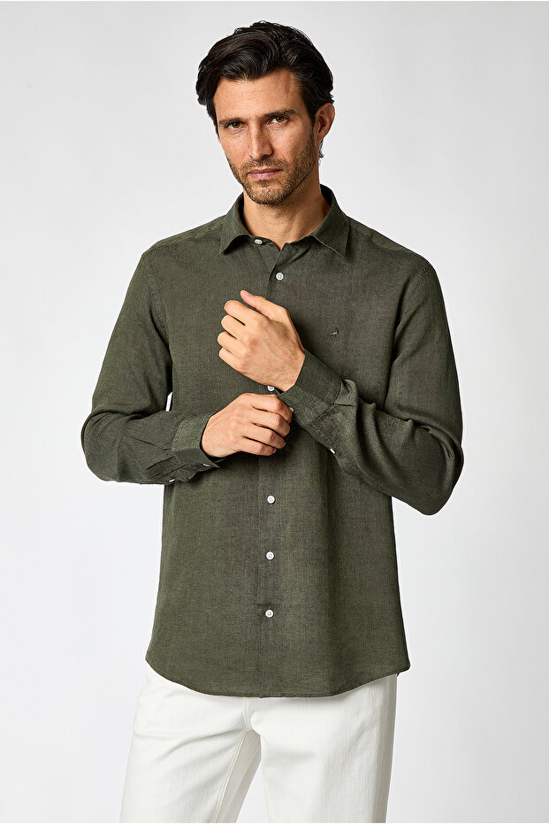 Long Sleeve Regular Fit 100% Linen Embroidered Shirt