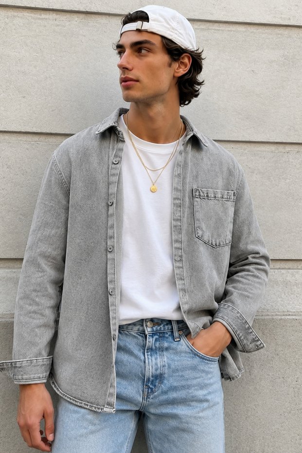 Men's Regular Denim Shirt – Washable Denim Long Sleeve Jean Shirt with Pockets
