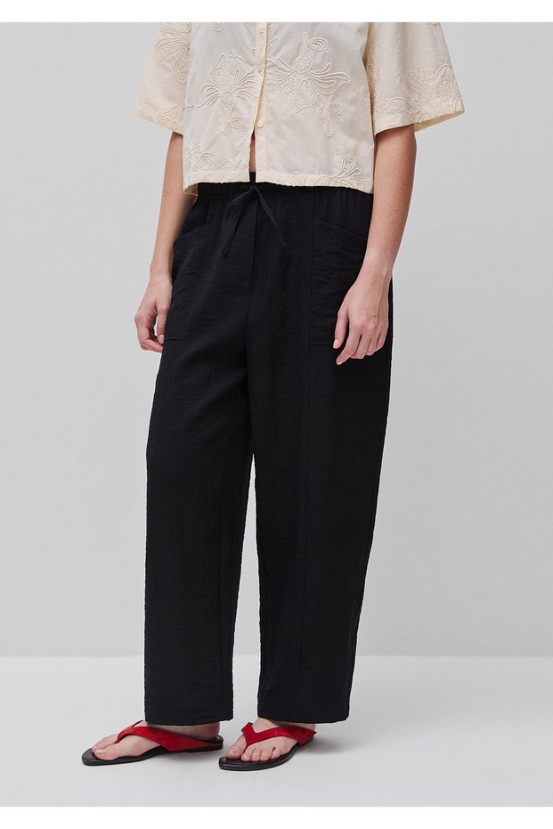 Women's Black Cotton-Linen Blend Elastic Waist Pants