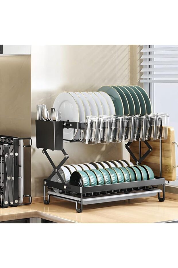 Dish Drying Rack, Large Capacity Foldable Cutlery Holder- Double Dish Organizer for Kitchen/Heavy Duty and Stable Utensil Holder, Rustproof Cup Drying Rack, Modern Design Dish Drainer for Kitchen.