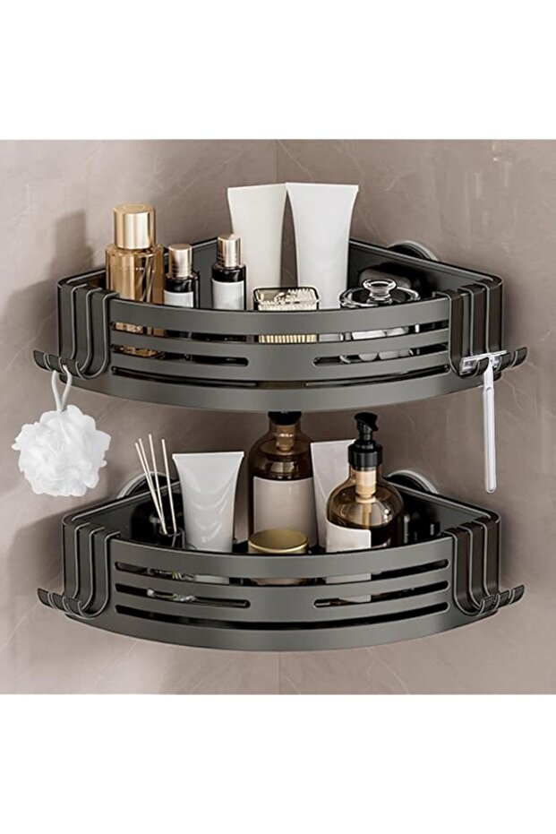 Tokokimo Shower Caddy Corner No Drill, 2 Packs Aluminum Bathroom Shelf with Suction Cups, Wall Mounted Shower Shelf for Bathrooms, Kitchen, Removable & Reusable, Grey