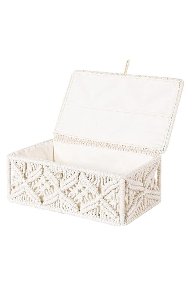 KAAHIRA Macrame Boho Decorative Tissue Paper Holder Box Dispenser for Home, Office, Car, Kitchen, Bathroom [Off-White, 9x6x4 inches]