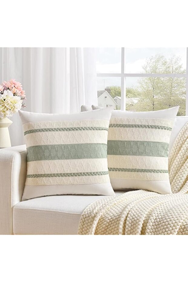 Decorative Throw Pillow Covers, Sage Green Striped Pattern, Boho Rustic Design, Set of 2, Living Room Couch Cushion Cases (45 * 45cm)