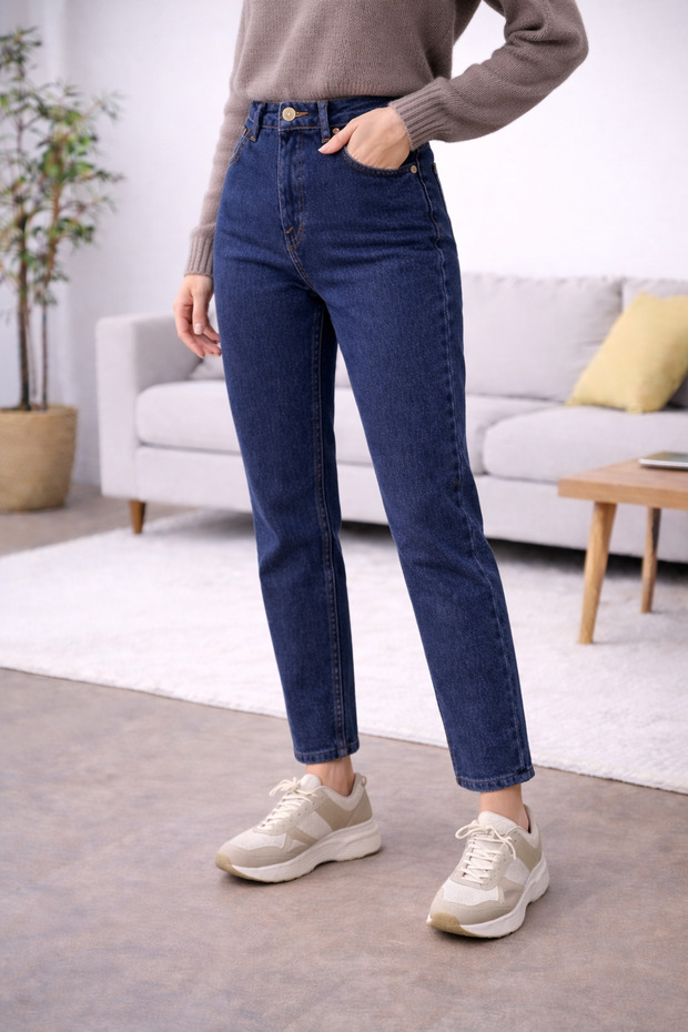 Maria Women's Dark Blue High Waist Lycra Trend Mom Jean