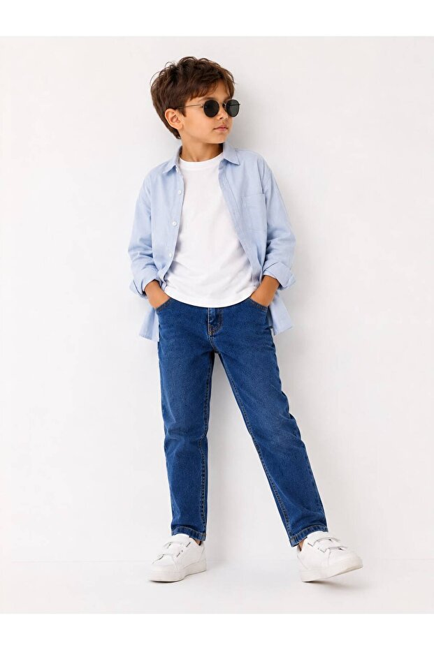 Boy's Denim Trousers with Pockets and Buttons, Adjustable Elastic, 7-12 Years Old