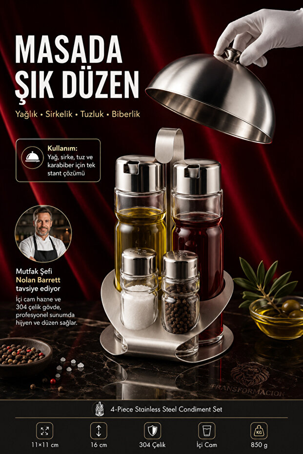 4-Piece Stainless Steel Stand Glass Oil Bottle Vinegar Bottle Salt and Pepper Shaker Set Menaj Set 723501