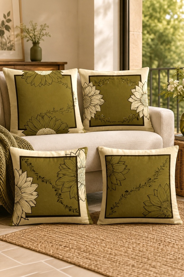Green Flowers Patterned 4-Piece Throw Pillow Cover Set