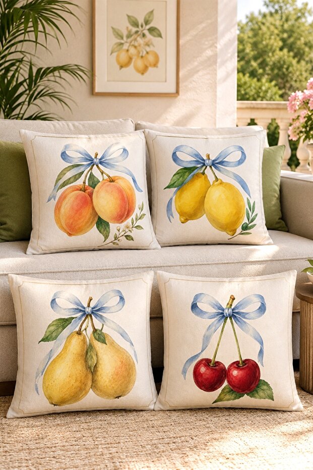 4-Piece Throw Pillow Cover Set with Ribbon and Fruit Pattern