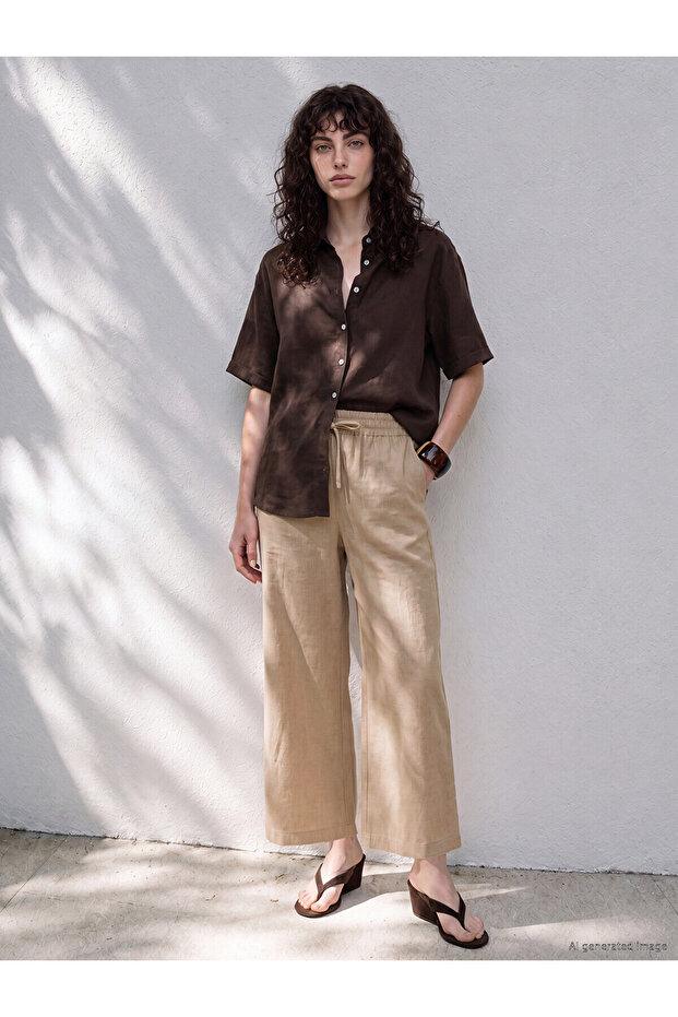 Nevavm Women's Linen Blend Trousers with Elastic Waist