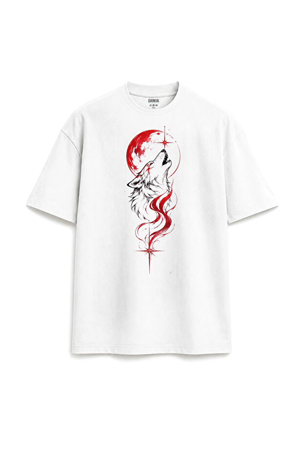 Wolf Bozkurt and Crescent Linear Design Unisex White T-Shirt