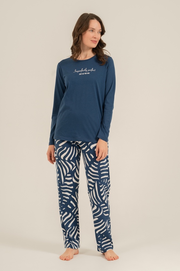 Women'S, Navy Blue, Patterned, Long Sleeve Pajama Set (with Socks as a Gift)