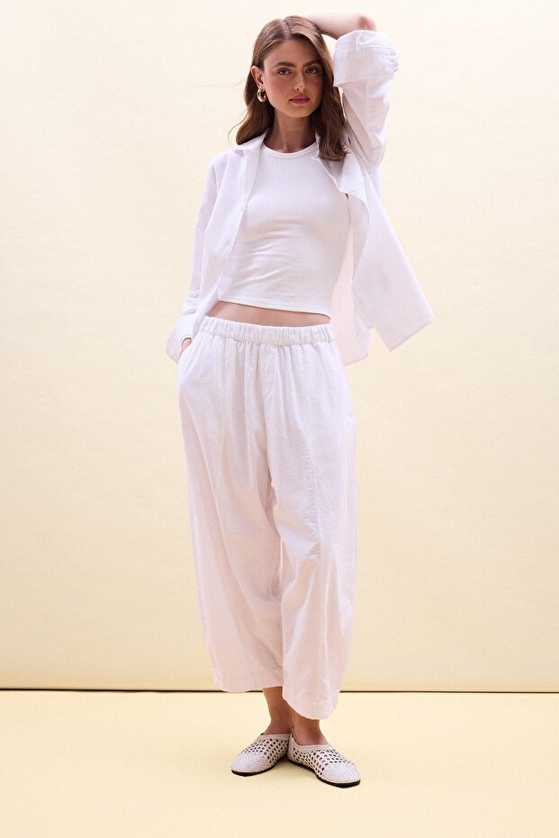 Barrel Fit Linen Blend Elastic Waist Elastic Leg Trousers I1195Ax26Hs