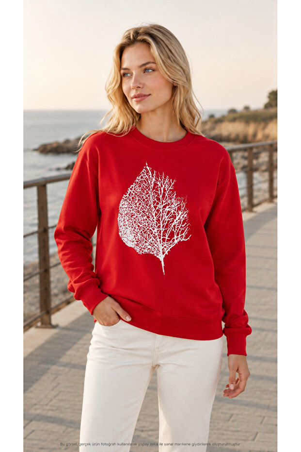 Women's Dry Leaf Printed Round Neck Casual Sweathirt
