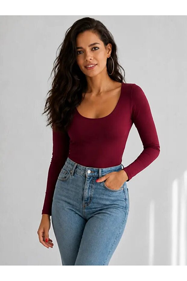 Women's U-Neck Long Sleeve Stretchy Basic Blouse – Burgundy