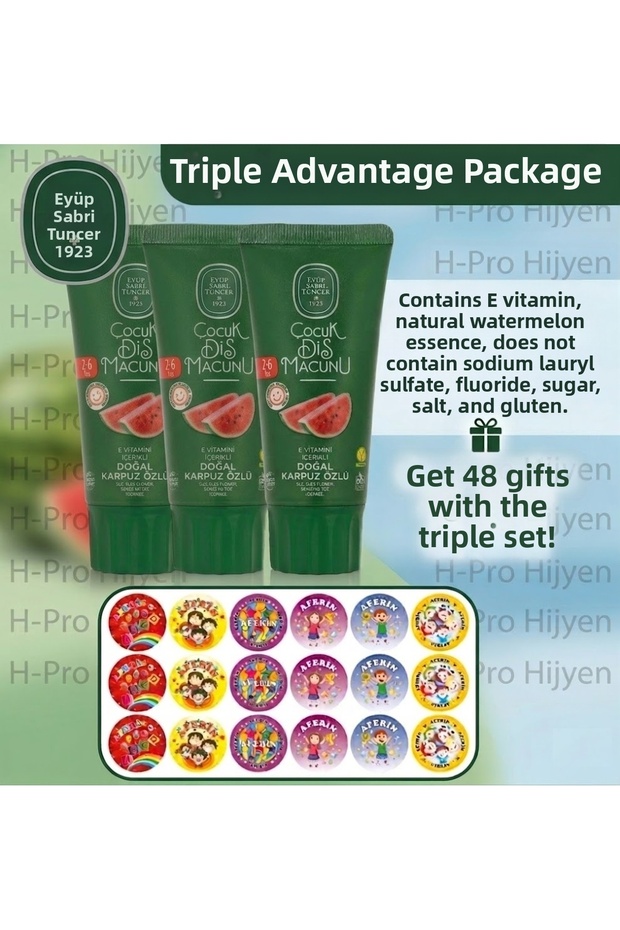 Natural Children's Toothpaste Triple Advantage Package - 48 Stickers with Gift - Fluoride-Free and Gluten-Free, H-Pro Hygiene