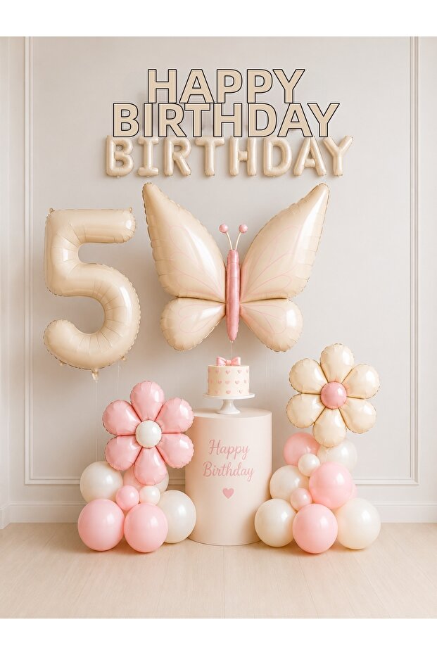 Retro Cream Butterfly and Daisy -5- Numbered Happy Birthday Balloon Set