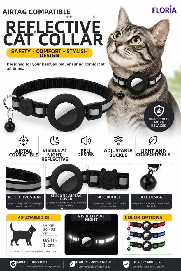 Reflective Airtag Cat Collar - Safety Buckle Collar with Bell