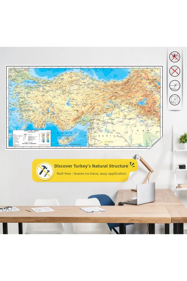 Turkey Physical Map with Static Cling Feature – 116 X 220 cm