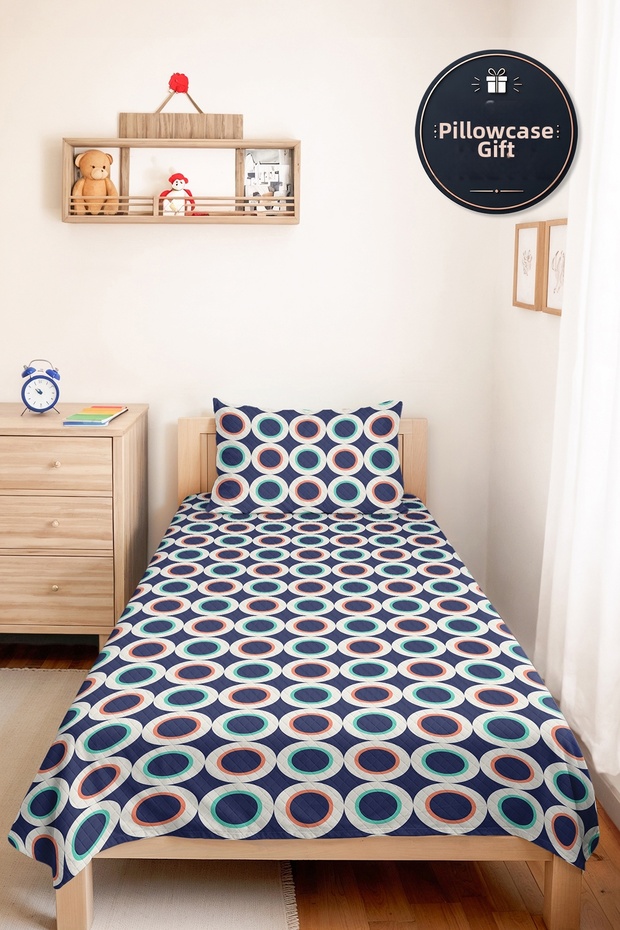 Navy Blue Geometric Youth Room Single Pique Set - Mint Modern 160X220 cm Quilted Bedspread