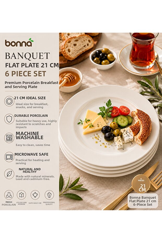 Bonna Banquet 6 Pieces Porcelain Flat Dinner and Intermediate Hot Presentation Plates 21 cm