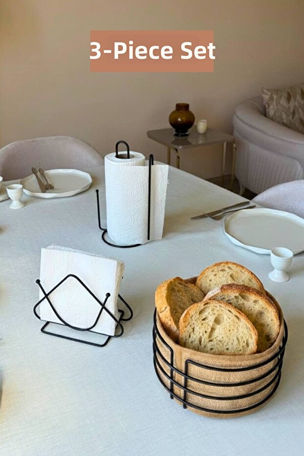 Set of 3 Black Triangle Napkin Holders, Vertical Paper Towel Holders, Round Bread Basket with Dividers, Kitchen Set