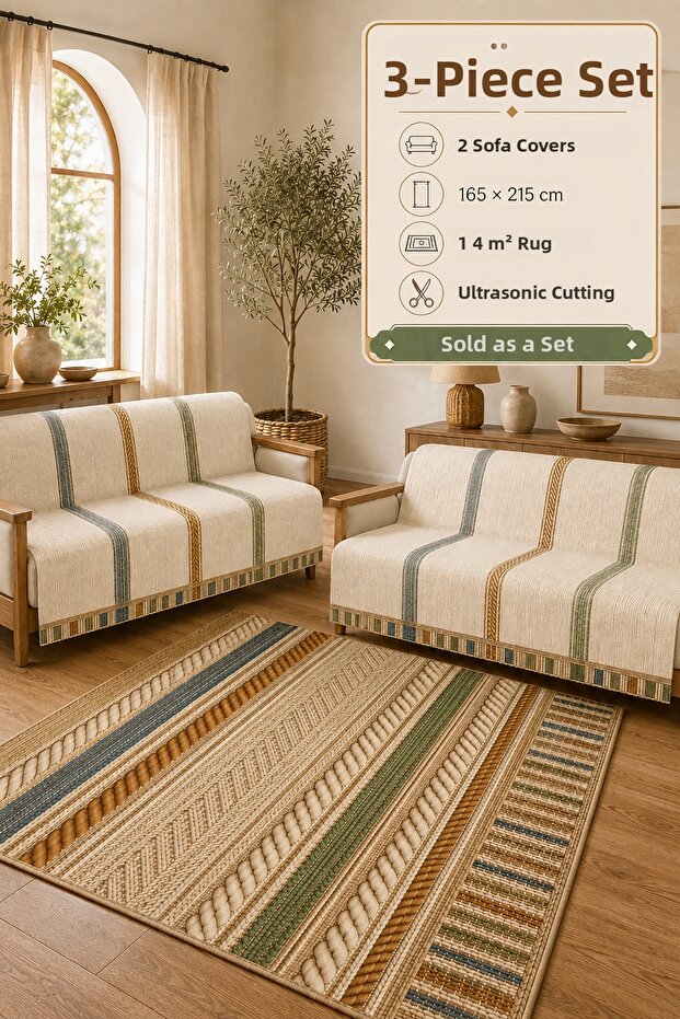 3-Piece Set: 2 Pieces 165X215 cm Sofa Cover + 1 Piece 4m2 160X230 cm Non-Slip Base Digital Printed Carpet