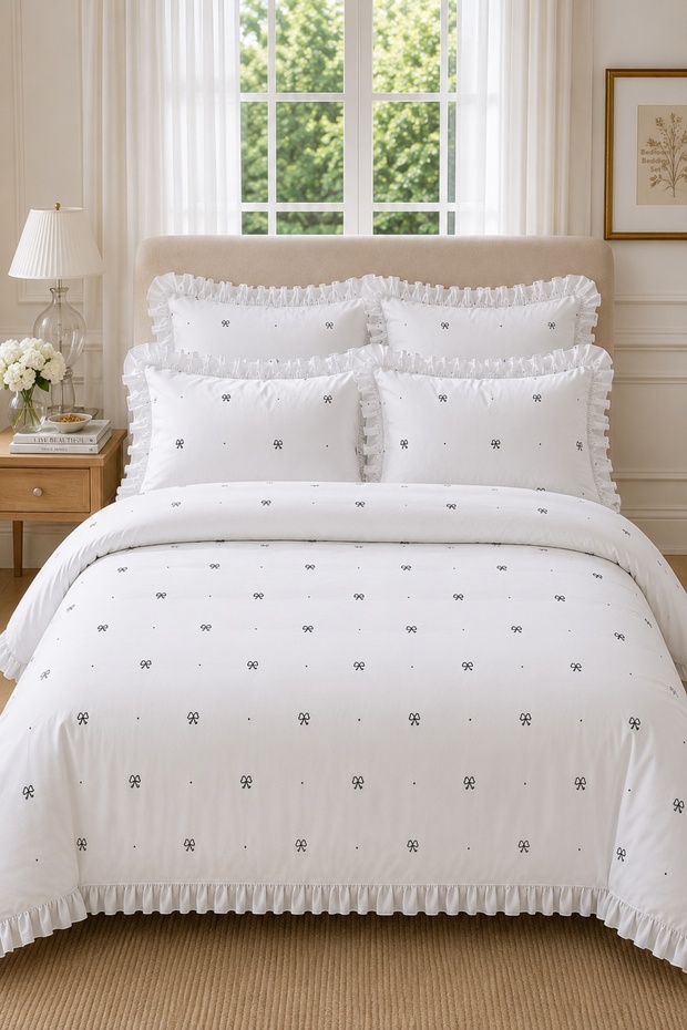 Mini bow ruffled double bedding set black