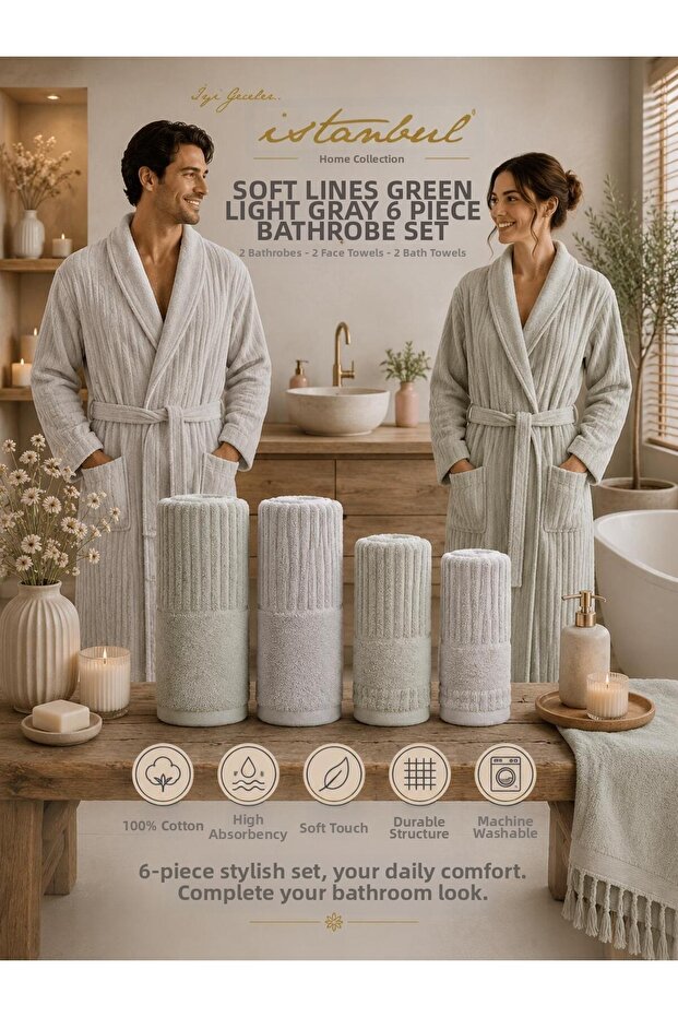 Soft Linen Family Bathrobe Set Green-Light Gray