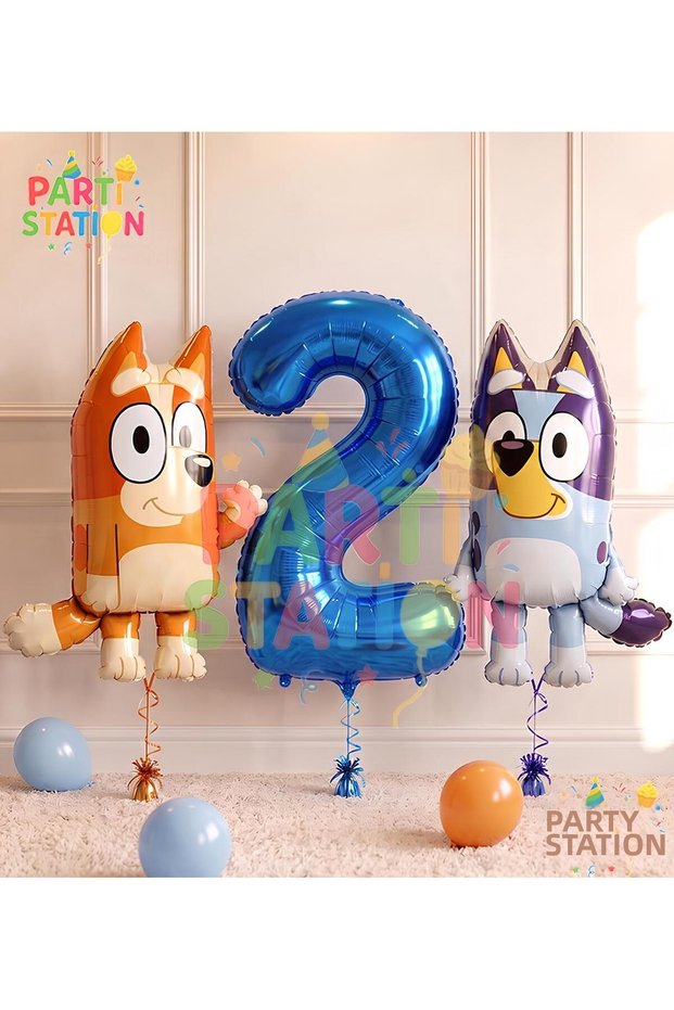 Bluey and Chilli Themed 2-Year-Old Foil Balloon Set – 3 Pieces Bluey Balloon, Bing Balloon, and Navy Blue Number Balloon