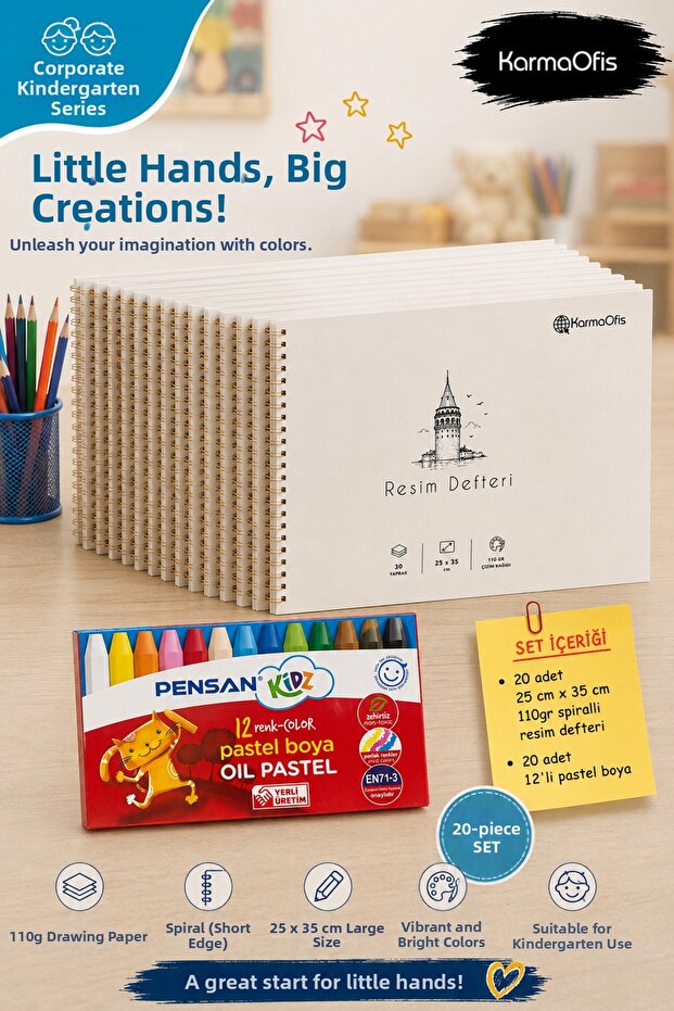 Kurumsal Anaokul Picture Notebook and 12-Piece Pastel Crayon Set | 20's