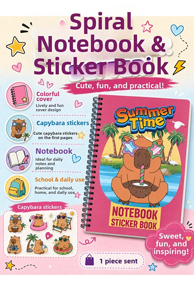 Kawaii Striped Spiral Notebook and Sticker Pad