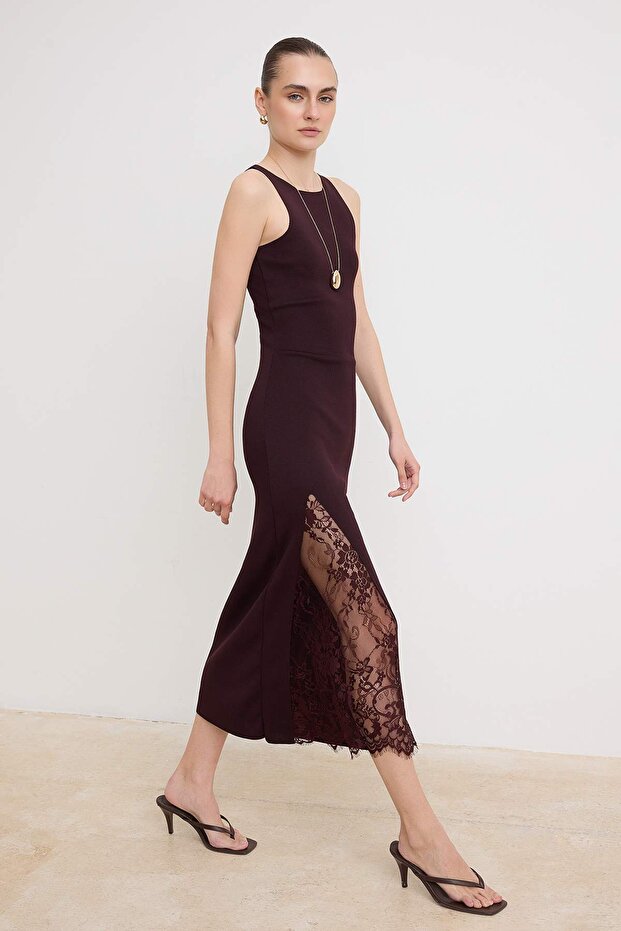 Bordo Düz Maxi Maxi Bisiklet Yaka Vücudu Saran Dantel Detaylı Triko Elbise TWOSS26EL00178 - 5