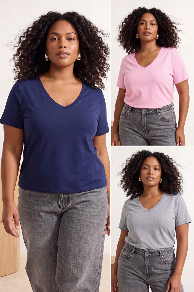 Lacivert-Pembe- Gri 3'lü Paket Regular Fit V Yaka Büyük Beden T-shirt TBBSS26BF00031