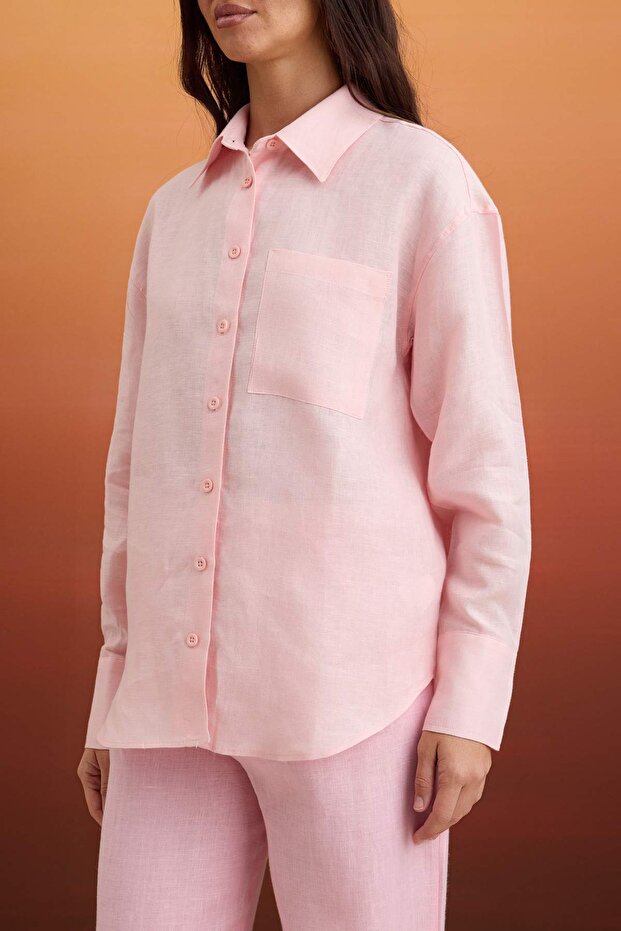 Pembe % 100 Keten Cep Detaylı Oversize Gömlek TWOSS26GO00039 - 3
