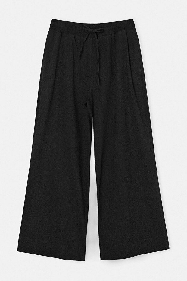 Siyah Dokuma Wide Leg Keten İçerikli Büyük Beden Pantolon TBBSS26AR00001 - 4