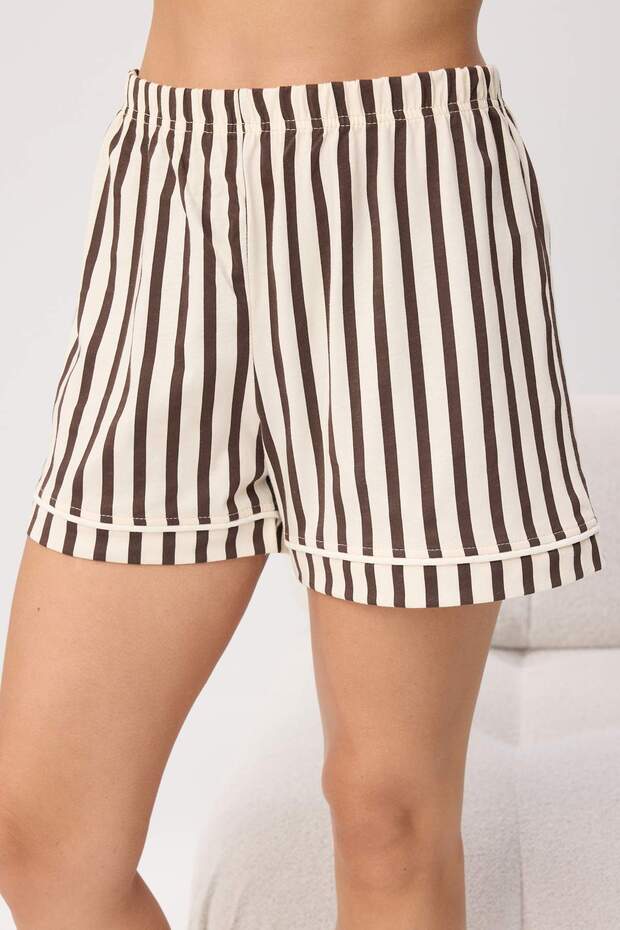 Kahverengi %100 Pamuklu Çizgili Biyeli Şortlu Örme Pijama Takımı THMSS25PT00416 - 3