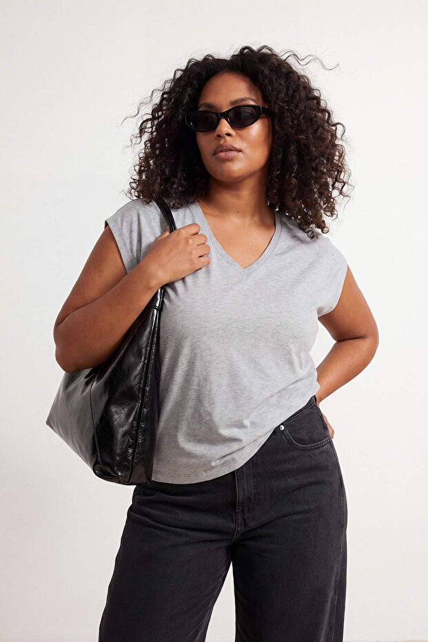 Siyah-Gri 2'li Paket Oversize Fit Basic Büyük Beden T-shirt TBBSS26BF00030 - 3